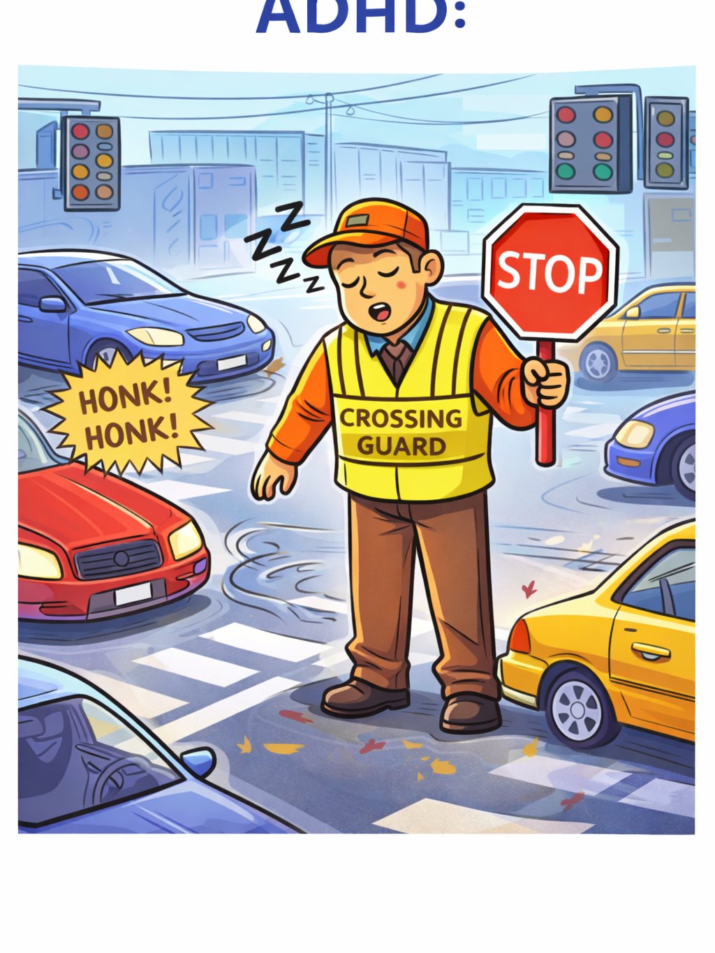 ADHD has often been described like a busy intersection.

There are cars everywhere, all trying to get where they need to go. The information is there. The ideas are there. The intentions are there.

But the crossing guard is asleep.

That can be what ADHD feels like. It is not always a lack of intelligence, effort, or care. Often, it is a difficulty with directing traffic: deciding what matters most, organizing action, shifting gears, and getting thoughts moved into motion.

The thoughts are there.
The resources are there.
The motivation may even be there.
But it can still be hard to turn all of that into one clear, actionable next step.

ADHD is not just “being distracted.”
For many people, it is the exhausting experience of having a brain full of movement without enough regulation to make things flow.

If this metaphor feels familiar, you are not lazy and you are not broken. A slightly softer closing line for Instagram, if you want it, would be: “Sometimes the problem is not capacity. It’s traffic control.”

#ADHD #ADHDAwareness #ExecutiveFunction #MentalHealth #Neurodiversity #Therapy #Psychoeducation #WomenWithADHD #AdultADHD #HeadStrongAndReady
