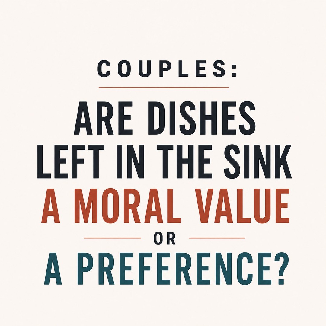 Sometimes it is about the dishes.
But here’s where it goes sideways:
One person sees it as a moral issue
“People should clean up after themselves.”
The other sees it as a preference
“I’ll get to it later. It’s not a big deal.”
Same sink.
Different meaning.
And when a preference gets treated like a moral rule, it lands as:
judgment
criticism
“you’re wrong for how you do this”
Now it’s not about dishes anymore.
It’s about:
respect
fairness
feeling controlled
A better move?
Call it what it is.
“Hey, this matters to me. Can we figure out a system?”
Less moralizing.
More problem-solving.