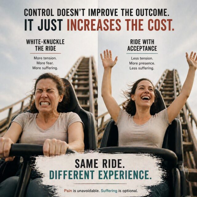 Same ride.
Different experience.
You can white-knuckle it.
Tense. Bracing. Trying to control every turn.
Or…
You can loosen your grip.
Still alert. Still present.
Just not fighting the ride.
Here’s the part people miss:
The track doesn’t change.
All that tension?
It doesn’t make the ride safer.
It doesn’t make it smoother.
It just makes it harder.
In ACT, we call this:
Pain → unavoidable
Suffering → what we add when we resist and try to control everything
You’re still going through it either way.
You just don’t have to suffer as much doing it.
#ACT #MentalHealth #Anxiety #StressResponse #SelfAwareness #TherapyTools #EmotionalRegulation #Psychology