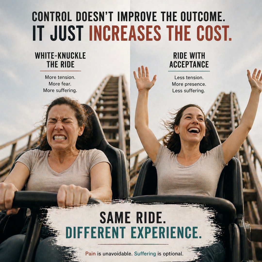 Same ride.
Different experience.
You can white-knuckle it.
Tense. Bracing. Trying to control every turn.
Or…
You can loosen your grip.
Still alert. Still present.
Just not fighting the ride.
Here’s the part people miss:
The track doesn’t change.
All that tension?
It doesn’t make the ride safer.
It doesn’t make it smoother.
It just makes it harder.
In ACT, we call this:
Pain → unavoidable
Suffering → what we add when we resist and try to control everything
You’re still going through it either way.
You just don’t have to suffer as much doing it.
#ACT #MentalHealth #Anxiety #StressResponse #SelfAwareness #TherapyTools #EmotionalRegulation #Psychology