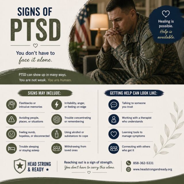 PTSD doesn’t always look the way people expect.

It’s not always obvious.
It’s not always talked about.

Sometimes it looks like:
being constantly on edge
struggling to sleep
pulling away from people
feeling numb
getting irritated more easily
or trying to push through—but it’s still there

If this sounds familiar, you’re not alone.

And it doesn’t mean you’re weak.
It means your mind and body are trying to process something that mattered.

You don’t have to keep carrying it by yourself.

At Head Strong & Ready, we provide confidential, military-informed support for service members and their families—without judgment.

Healing is possible.
Support is available.

📞 858-362-5331

Save this or share it with someone who might need it.

#PTSDAwareness #MilitaryMentalHealth #BreakTheStigma #ActiveDutyLife #VeteranSupport #MentalHealthMatters #YouAreNotAlone #HeadStrongReady