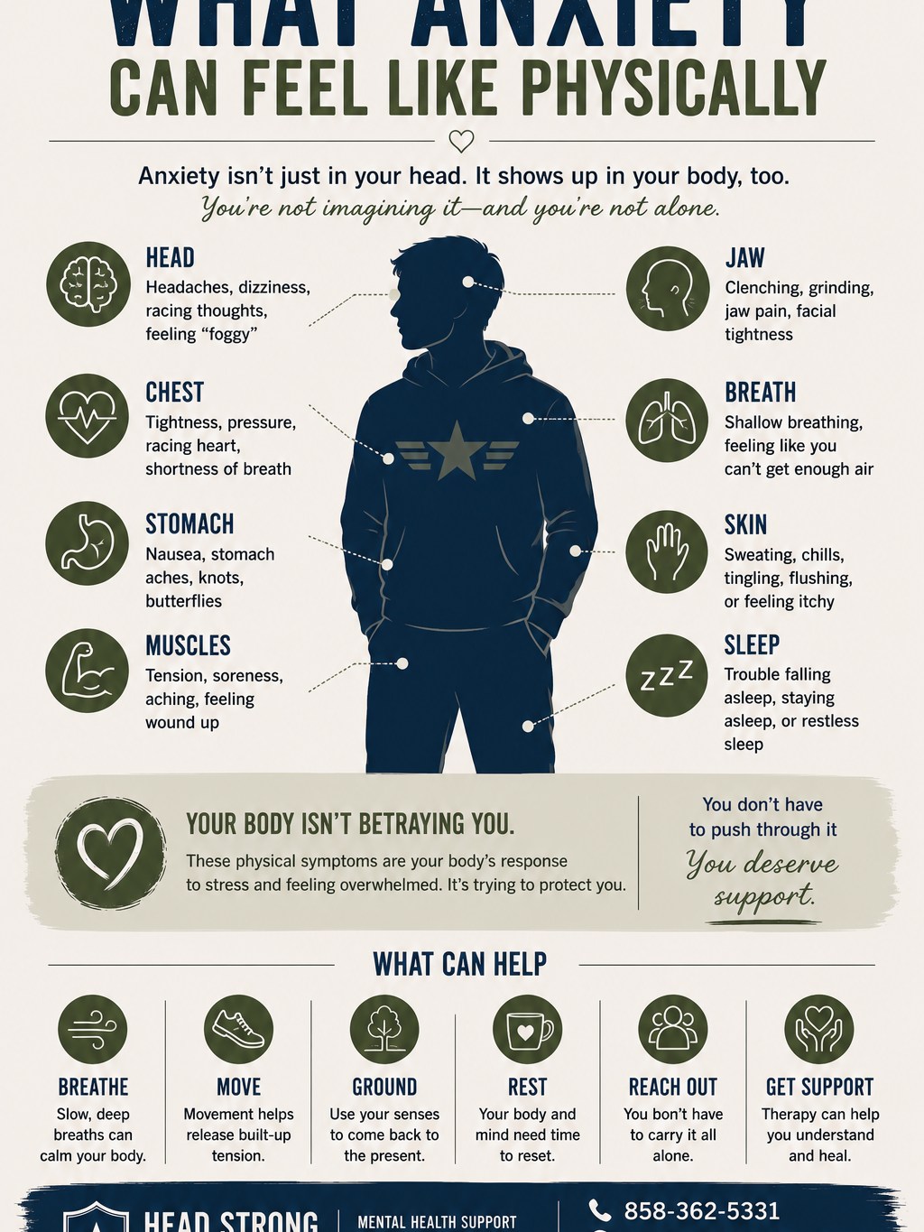 A lot of people don’t realize anxiety can show up physically—not just mentally.

Sometimes anxiety looks like:

chest tightness
racing heart
headaches
jaw clenching
stomach issues
muscle tension
dizziness
trouble sleeping
feeling constantly “on edge”

And when you don’t realize stress and anxiety can affect the body, it’s easy to feel confused—or even scared by the symptoms.

Your body isn’t betraying you.
It’s responding to stress, overwhelm, and survival mode.

That doesn’t mean you have to keep pushing through it alone.

At Head Strong & Ready, we help service members and families understand what’s happening beneath the surface and build tools that actually help.

Healing starts with awareness.

📞 858-362-5331

Save this for later or share it with someone who might need the reminder that anxiety is real—and support is available.

#AnxietyAwareness #MilitaryMentalHealth #MentalHealthMatters #StressResponse #BreakTheStigma #ActiveDutyLife #YouAreNotAlone #HeadStrongReady