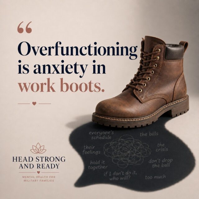 Overfunctioning can look like being dependable.
You remember the appointments.
You manage the schedules.
You anticipate everyone’s needs.
You keep the house, the calendar, the emotions, and the crisis from falling apart.
But sometimes “being the strong one” is not calm confidence. Sometimes it is anxiety in work boots.
Overfunctioning often comes from the belief that if you do not hold everything together, everything will fall apart.
Therapy can help you sort out what is yours to carry — and what was never supposed to be yours alone.
TRICARE beneficiaries, call or text us at **858-362-5331**.