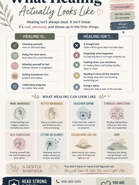 Healing rarely looks the way people expect it to.

It's not always a breakthrough.
It's not always a big moment.
And it definitely isn't a straight line.

Sometimes healing looks like:
✨ setting a boundary
✨ asking for help
✨ taking a break without guilt
✨ responding instead of reacting
✨ choosing yourself on a hard day
✨ letting go of what no longer serves you

Some days you'll feel strong.
Some days you'll feel stuck.
Both can be part of the process.

Healing isn't about becoming a different person.

It's about becoming more connected to yourself.

At Head Strong & Ready, we help service members and families navigate the ups and downs of healing with support, practical tools, and a space where you don't have to do it alone.

You don't have to have it all figured out.
You just have to take the next right step.

📞 858-362-5331

Save this as a reminder for the days when progress feels slow.

#HealingJourney #MentalHealthAwareness #ProgressNotPerfection #MilitaryMentalHealth #BreakTheStigma #GrowthTakesTime #YouAreNotAlone #HeadStrongReady #MentalWellness #ActiveDutyLife