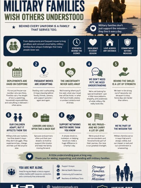 🇺🇸 Behind every service member is a family serving too.

Military families navigate deployments, missed milestones, frequent moves, uncertainty, and the emotional weight of supporting a loved one through military life. Their sacrifices may not always be visible, but they are deeply felt.

What military families wish others understood:

💙 They serve too.
💙 Deployments impact the entire family.
💙 Military children face unique challenges.
💙 Spouses often put careers and personal goals on hold.
💙 Strength doesn't mean things are easy.
💙 A simple check-in can make a world of difference.

Military families aren't looking for sympathy—they're looking for understanding, support, and connection.

At Head Strong & Ready, we're committed to supporting not only those who wear the uniform, but also the families who stand beside them through every challenge, transition, and triumph.

If you're part of a military family, what is something you wish others understood about your experience?

👇 Share your thoughts below.

🌐 headstrongready.org
📞 (858) 362-5331

#MilitaryFamilies #MilitaryLife #MilitarySpouse #MilitaryKids #VeteranFamilies #SupportMilitaryFamilies #HeadStrongAndReady #MilitaryCommunity #MentalHealthMatters #Resilience #CommunitySupport #YouAreNotAlone #WeGotYourSix #StrongerTogether
