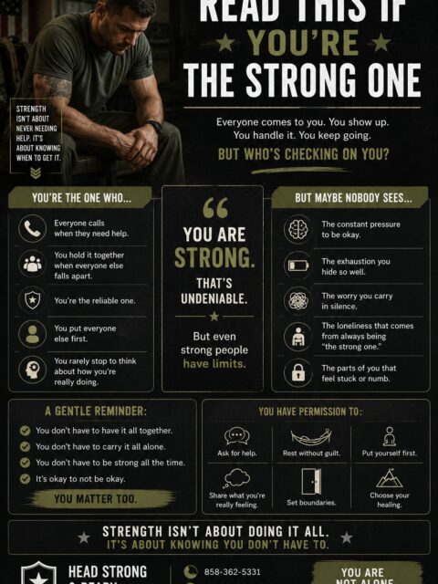 This one's for the people everyone depends on.

The ones who show up.
Handle it.
Figure it out.
Keep going.

The ones who carry stress quietly because they don't want to be a burden.

The ones who answer everyone else's calls but rarely talk about what's weighing on them.

The ones who have become so used to being "the strong one" that asking for help feels uncomfortable.

Here's your reminder:

Strength isn't about carrying everything by yourself.

Strength is knowing when you've been carrying too much for too long.

You don't have to earn support.
You don't have to wait until you're overwhelmed.
And you don't have to have all the answers before reaching out.

Even the strongest people need support sometimes.

Especially the strongest people.

At Head Strong & Ready, we provide confidential, military-informed mental health support for service members, veterans, and military families.

📞 858-362-5331

If this resonated with you, save it for the days when you're carrying more than people realize.

And if someone came to mind while reading this, send it to them.

#MilitaryMentalHealth #TheStrongOne #BreakTheStigma #ActiveDutyLife #VeteranSupport #MentalHealthAwareness #MilitaryFamilies #YouAreNotAlone #HeadStrongReady #StrengthInAskingForHelp