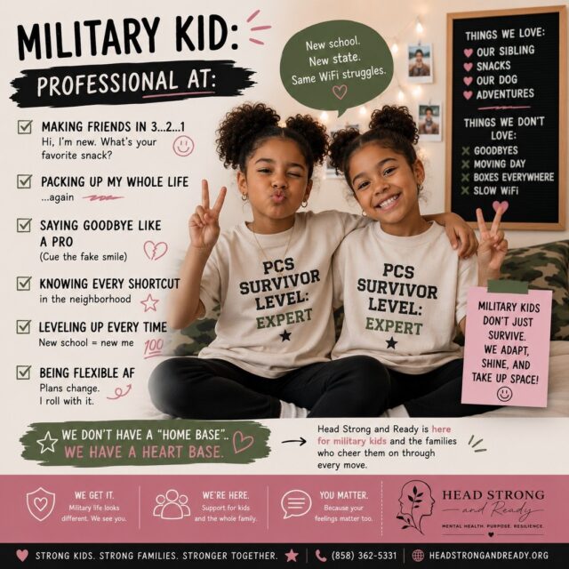 Military kid starter pack ✈️📦
✨ New school? Bet.
✨ New besties? Give me 48 hours.
✨ Answering "Where are you from?" with a 10-minute backstory.
✨ Becoming emotionally attached to a house... just in time to move again. 😭
Growing up in a military family means collecting memories, friendships, and zip codes most people can't even pronounce. It's a life full of adventure—but let's be honest... saying goodbye over and over isn't always easy.
To every military kid: your resilience is incredible, but you don't have to pretend everything is okay all the time. 💚
At Head Strong and Ready, we're here to support military kids and the families who love them because strong mental health helps build strong futures.
📞 (858) 362-5331
🌿 HeadStrongAndReady.org
Tag a military kid (or former military kid) who can still tell you every address they've ever lived at. 😂🏡💚
#MilitaryKid #MilitaryBrat #MilitaryFamily #PCSLife #MilitaryLife #GenZHumor #MilitaryKids #MentalHealthMatters #HeadStrongAndReady #GrowingUpMilitary #Resilience #SupportMilitaryFamilies