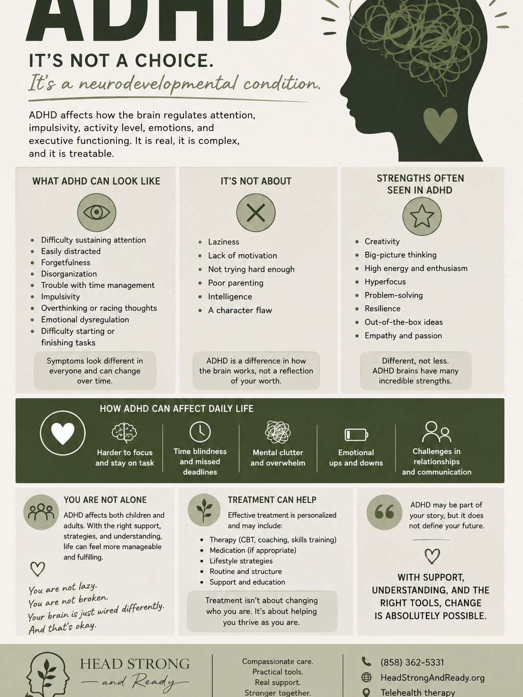 ADHD is one of the most misunderstood mental health conditions.

It's often mistaken for laziness, a lack of motivation, or simply "not trying hard enough." In reality, ADHD is a neurodevelopmental condition that affects how the brain manages attention, executive functioning, impulse control, emotional regulation, memory, and organization.

Living with ADHD can look like:
🧠 Starting five tasks and finishing none.
⏰ Constantly underestimating how long something will take.
📱 Forgetting appointments, deadlines, or where you put your keys.
💭 Feeling mentally overwhelmed by even small tasks.
❤️ Experiencing emotions more intensely than others realize.

But ADHD is more than its challenges.

Many people with ADHD are incredibly creative, resilient, curious, empathetic, innovative, and able to think outside the box. Their brains aren't broken—they're wired differently.

The right support can make a meaningful difference.

Therapy can help you:
✨ Build practical routines that work for your brain
✨ Strengthen executive functioning skills
✨ Learn strategies to manage overwhelm
✨ Reduce shame and self-criticism
✨ Improve confidence, relationships, and emotional regulation

At Head Strong & Ready, we believe understanding your brain is one of the most empowering steps you can take. Whether you were recently diagnosed, have lived with ADHD for years, or are supporting someone you love, you deserve compassionate, evidence-based care.

📞 (858) 362-5331
🌿 HeadStrongAndReady.org

ADHD doesn't define your potential. With understanding, the right tools, and the right support, you can build a life that works with your brain—not against it. 💚

#ADHD #ADHDAwareness #Neurodiversity #ExecutiveFunction #MentalHealthMatters #Neurodivergent #TherapyWorks #HeadStrongAndReady #MentalWellness #ADHDSupport #DifferentNotLess #MentalHealthEducation