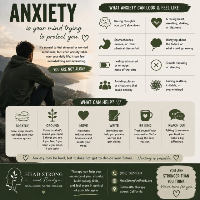 Anxiety isn't a sign of weakness.

It's your brain and body trying to protect you—even when there isn't a real danger.

For some people, anxiety feels like constant "what if" thoughts.
For others, it's a racing heart, trouble sleeping, difficulty concentrating, muscle tension, or feeling like they can never truly relax.

Anxiety can be loud.

But it doesn't get to make your decisions for you.

With the right tools and support, it's possible to understand your anxiety instead of feeling controlled by it.

💚 Things that can help:
• Slow, intentional breathing
• Grounding techniques
• Moving your body
• Journaling your thoughts
• Practicing self-compassion
• Talking with someone you trust
• Working with a therapist

At Head Strong & Ready, we help people build practical skills to manage anxiety, calm their nervous system, and regain confidence—through compassionate, confidential therapy that's primarily offered via telehealth across California.

📞 (858) 362-5331
🌿 HeadStrongAndReady.org

You don't have to wait until your anxiety feels "bad enough" to ask for help.

Support is available, healing is possible, and you don't have to navigate it alone. 💚

#Anxiety #MentalHealthMatters #AnxietyAwareness #TherapyWorks #MentalWellness #StressManagement #SelfCompassion #HeadStrongAndReady #TelehealthTherapy #CaliforniaTherapy #HealingJourney #YouAreNotAlone