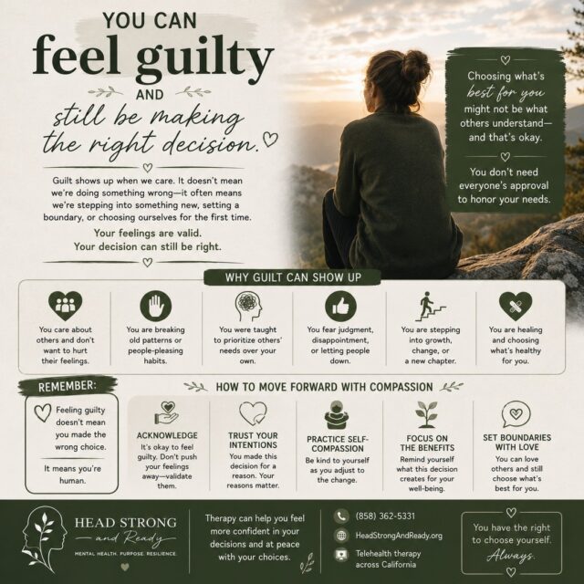 Sometimes guilt shows up even when you're making the right decision. 💚

You can love someone and still set a boundary.
You can care about others and still prioritize yourself.
You can disappoint someone and still be doing what you need to do.
You can feel uncomfortable and still be moving in the right direction.

Guilt doesn't always mean, "I did something wrong." Sometimes it means, "I'm doing something different."

Maybe you're breaking a people-pleasing pattern.
Maybe you're learning to say no.
Maybe you're choosing your mental health.
Maybe you're finally putting yourself on the list.

And yes—it might feel uncomfortable.

Give yourself permission to feel the guilt without letting it make the decision for you. Ask yourself: "Is this choice aligned with my values, my needs, and the life I'm trying to build?"

You don't need everyone's approval to take care of yourself. 🌱

At Head Strong & Ready, therapy can help you work through guilt, boundaries, people-pleasing, and the difficult emotions that can come with making changes.

📞 (858) 362-5331
💻 Primarily telehealth across California
🌿 HeadStrongAndReady.org

You can feel guilty and still be making the right decision.
Your feelings are valid. Your needs matter. And choosing yourself isn't selfish. 🤍

#MentalHealthMatters #HealthyBoundaries #PeoplePleasing #SelfCompassion #TherapyWorks #EmotionalWellness #PersonalGrowth #MentalHealthAwareness #HeadStrongAndReady #Therapy #SelfWorth #HealingJourney