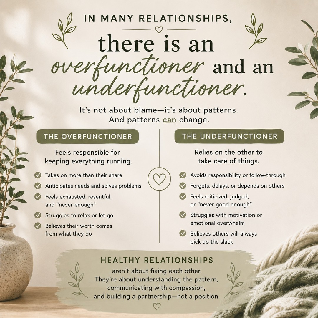 Sometimes relationships fall into a pattern where one person overfunctions and the other underfunctions. 💚

The overfunctioner may:
• Take on most of the responsibilities
• Anticipate everyone's needs
• Solve problems before others get involved
• Struggle to let go or ask for help
• Eventually feel exhausted or resentful

The underfunctioner may:
• Rely heavily on their partner
• Avoid responsibility or follow-through
• Struggle with motivation or overwhelm
• Feel criticized or like they're “never good enough”
• Become comfortable with someone else picking up the slack

And here's the important part: these are patterns, not identities.

The more one person does, the less the other may need to do. And the less one person does, the more the other may feel they have to take over.

🔄 Over time, the cycle can reinforce itself.

Breaking the cycle isn't about blaming either person. It's about recognizing the pattern, communicating honestly, creating healthy boundaries, and learning to share responsibility in a way that feels more balanced.

Healthy relationships aren't about one person carrying everything or one person being “fixed.”

They're about partnership. 🤍

Couples therapy can provide a space to understand these patterns, improve communication, and create healthier ways of relating to one another.

At Head Strong & Ready, we're here to help.

📞 (858) 362-5331
💻 Primarily telehealth across California
🌿 HeadStrongAndReady.org

The goal isn't to keep score. It's to build a relationship where both people can show up. 🌱

#Relationships #CouplesTherapy #RelationshipPatterns #HealthyRelationships #MentalHealthMatters #Communication #RelationshipGoals #EmotionalWellness #TherapyWorks #SelfAwareness #HeadStrongAndReady #Therapy #HealthyCommunication #MentalHealthAwareness