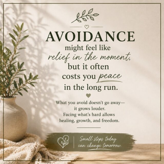 Avoidance can feel like relief.

You don't answer the message.
You put off the appointment.
You avoid the conversation.
You tell yourself, “I'll deal with it later.”

And for a moment… you feel better.

But sometimes, what we avoid doesn't disappear—it gets louder. 💭

Avoidance can keep us stuck in cycles of anxiety, stress, and fear. The more we avoid something, the more intimidating it can feel the next time we face it.

But you don't have to tackle everything at once.

🌱 Take one small step.
🌱 Have the difficult conversation.
🌱 Make the appointment.
🌱 Ask for support.
🌱 Give yourself permission to go slowly.

Courage isn't the absence of fear. Sometimes, it's choosing to take one small step while you're still afraid.

Therapy can provide a safe space to understand what you're avoiding, why you're avoiding it, and how to begin moving forward without overwhelming yourself.

At Head Strong & Ready, we're here to help you take those steps—with compassion and without judgment.

📞 (858) 362-5331
💻 Primarily telehealth across California
🌿 HeadStrongAndReady.org

What you avoid doesn't have to control you. Small steps today can change tomorrow. 🤍

#Avoidance #AnxietyAwareness #MentalHealthMatters #TherapyWorks #MentalWellness #SelfCompassion #PersonalGrowth #HealingJourney #MentalHealthAwareness #HeadStrongAndReady #Therapy #TakeTheFirstStep #YouAreNotAlone