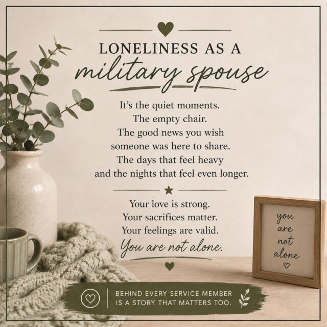Military spouse life can be lonely in ways that are hard to explain. 💚

It can be the empty chair at dinner.
The quiet house after another goodbye.
Missing someone during the moments you most want to share.
Starting over after a PCS and having to build a new community—again.
Being surrounded by people and still feeling like no one truly understands.

And sometimes, you feel guilty for admitting that you're lonely because you chose this life.

But loneliness doesn't mean you're ungrateful.
It doesn't mean you're not strong.
And it doesn't mean you don't love your service member.

You can be proud of their service and still struggle with the sacrifices that come with it. 🤍

Your feelings deserve space, too.

If military life has left you feeling isolated, overwhelmed, or emotionally exhausted, therapy can provide a safe and supportive place to process it all.

At Head Strong & Ready, we provide compassionate therapy for military spouses, active-duty service members, military children, and veterans—primarily through telehealth across California.

📞 (858) 362-5331
💻 Primarily telehealth
🌿 Head Strong & Ready

You don't have to carry the weight of military life alone.

Your love is strong. Your sacrifices matter. Your feelings are valid. You are not alone. 💚

#MilitarySpouse #MilitarySpouseLife #MilitaryFamily #MilitaryMentalHealth #MilitaryLife #MilitarySupport #MentalHealthMatters #SpouseLife #DeploymentLife #PCS #TherapyWorks #MilitarySpouseSupport #HeadStrongAndReady #TelehealthTherapy #YouAreNotAlone