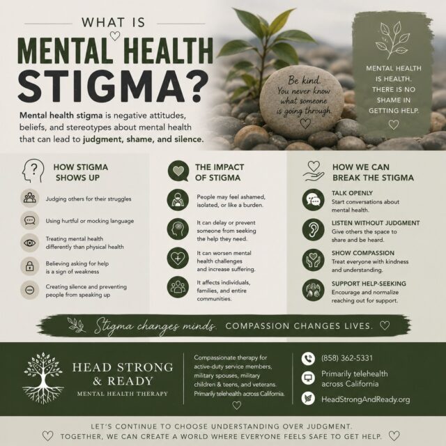 What exactly is mental health stigma? 💭
Mental health stigma is the negative attitudes, beliefs, stereotypes, or judgments people may hold about mental health—and it can have a very real impact on those who are struggling.
Stigma can sound like:
❌ “You just need to be stronger.”
❌ “Everyone has problems.”
❌ “Therapy is for people who can't handle life.”
❌ “I don't want anyone to know I'm struggling.”
❌ “Asking for help means I'm weak.”
But here's the truth:
Mental health is health. There is no shame in needing support. 💚
Stigma can cause people to hide their struggles, feel ashamed or isolated, and delay reaching out for the help they deserve.
We can change that by choosing:
🗣️ Open conversations over silence
👂 Listening over judgment
❤️ Compassion over shame
🤝 Support over isolation
🌱 Help-seeking over suffering alone
This is especially important in the military community, where strength and resilience are deeply valued. Being strong doesn't mean you never struggle—it means you don't have to face those struggles alone.
At Head Strong & Ready, we provide compassionate therapy for active-duty service members, military spouses, military children & teens, and veterans, primarily through telehealth across California.
📞 (858) 362-5331
💻 Primarily telehealth across California
🌿 HeadStrongAndReady.org
Stigma changes minds. Compassion changes lives. Let's choose understanding. 🤍
#MentalHealthStigma #BreakTheStigma #MentalHealthMatters #MentalHealthAwareness #TherapyWorks #EndTheStigma #MentalWellness #MilitaryMentalHealth #MilitarySpouse #VeteranMentalHealth #ActiveDuty #MilitaryFamily #HeadStrongAndReady #TelehealthTherapy #AskingForHelp #YouAreNotAlone