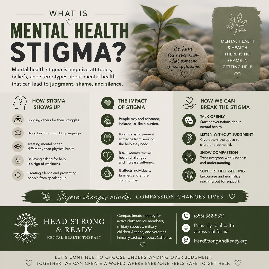 What exactly is mental health stigma? 💭
Mental health stigma is the negative attitudes, beliefs, stereotypes, or judgments people may hold about mental health—and it can have a very real impact on those who are struggling.
Stigma can sound like:
❌ “You just need to be stronger.”
❌ “Everyone has problems.”
❌ “Therapy is for people who can't handle life.”
❌ “I don't want anyone to know I'm struggling.”
❌ “Asking for help means I'm weak.”
But here's the truth:
Mental health is health. There is no shame in needing support. 💚
Stigma can cause people to hide their struggles, feel ashamed or isolated, and delay reaching out for the help they deserve.
We can change that by choosing:
🗣️ Open conversations over silence
👂 Listening over judgment
❤️ Compassion over shame
🤝 Support over isolation
🌱 Help-seeking over suffering alone
This is especially important in the military community, where strength and resilience are deeply valued. Being strong doesn't mean you never struggle—it means you don't have to face those struggles alone.
At Head Strong & Ready, we provide compassionate therapy for active-duty service members, military spouses, military children & teens, and veterans, primarily through telehealth across California.
📞 (858) 362-5331
💻 Primarily telehealth across California
🌿 HeadStrongAndReady.org
Stigma changes minds. Compassion changes lives. Let's choose understanding. 🤍
#MentalHealthStigma #BreakTheStigma #MentalHealthMatters #MentalHealthAwareness #TherapyWorks #EndTheStigma #MentalWellness #MilitaryMentalHealth #MilitarySpouse #VeteranMentalHealth #ActiveDuty #MilitaryFamily #HeadStrongAndReady #TelehealthTherapy #AskingForHelp #YouAreNotAlone