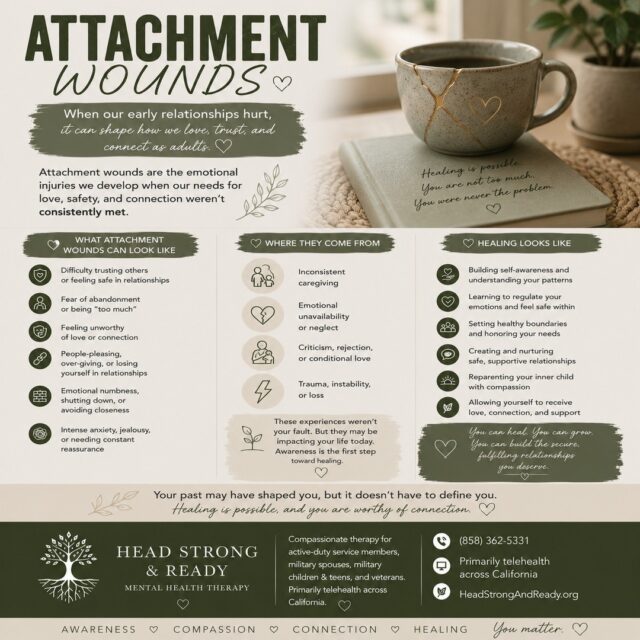 Sometimes the way we connect with people today is influenced by what we experienced in our earliest relationships. π
Attachment wounds can develop when our needs for safety, consistency, love, or connection weren't reliably met. They aren't a sign that something is wrong with youβthey can be understandable responses to experiences that taught you how to protect yourself.
They may show up as:
π§ Difficulty trusting others
π Fear of abandonment or rejection
β€οΈ Feeling unworthy of love
π€ People-pleasing or over-giving
πͺ Pulling away when relationships become vulnerable
π Needing constant reassurance
π§± Difficulty letting people get close
The good news? Your past may have shaped you, but it doesn't have to define you. π±
Healing can involve learning to recognize your patterns, regulate your emotions, establish healthy boundaries, develop self-compassion, and experience relationships where you feel safe, respected, and supported.
You don't have to shame yourself for the ways you learned to survive.
You can understand your patterns without being controlled by them. You can heal. You can grow. You can build the connection you deserve. π€
Therapy can provide a safe space to explore attachment patterns and begin creating healthier relationships with yourself and others.
At Head Strong & Ready, we provide compassionate therapy for active-duty service members, military spouses, military children & teens, and veterans, primarily through telehealth across California.
π (858) 362-5331
π» Primarily telehealth across California
πΏ HeadStrongAndReady.org
#AttachmentWounds #AttachmentHealing #AttachmentStyles #RelationshipHealing #InnerChildHealing #TraumaHealing #HealthyRelationships #SelfCompassion #MentalHealthMatters #TherapyWorks #MilitaryMentalHealth #MilitarySpouse #VeteranMentalHealth #HeadStrongAndReady #TelehealthTherapy